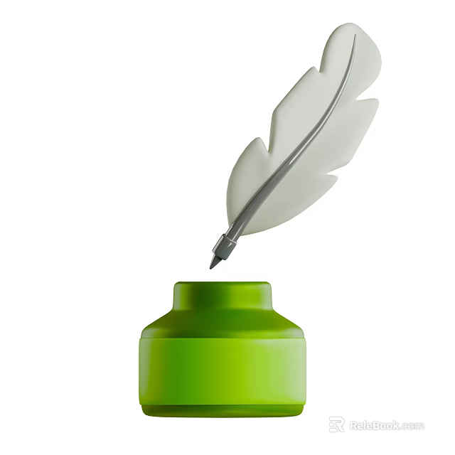Office Electrical Appliance With Green Ink Bottle And Feather Pen Dropping Ink Design 3d model 