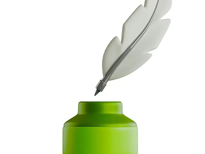 Office Electrical Appliance With Green Ink Bottle And Feather Pen Dropping Ink Design 3d model