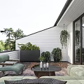 Cozy Home Balcony with Green Sofa Rug Dog Hanging Plants Wooden Floor and Tree View