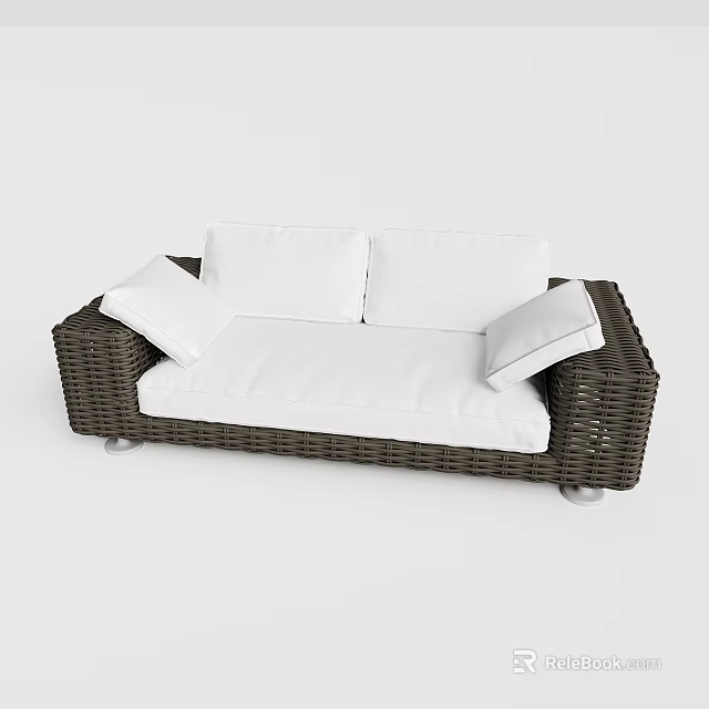 Comfortable Multi Seat Sofa With Brown Wicker Frame And White Cushions 3d model