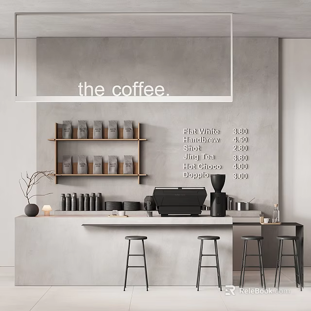 Modern Coffee Shop Interior with Wooden Shelves Coffee Bags Menu Board and Bar Stools 3d model 