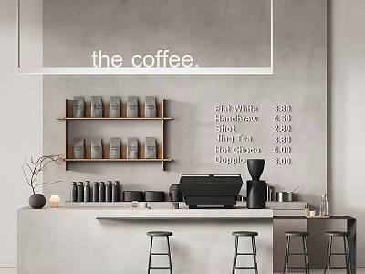 Modern Coffee Shop Interior with Wooden Shelves Coffee Bags Menu Board and Bar Stools 3d model