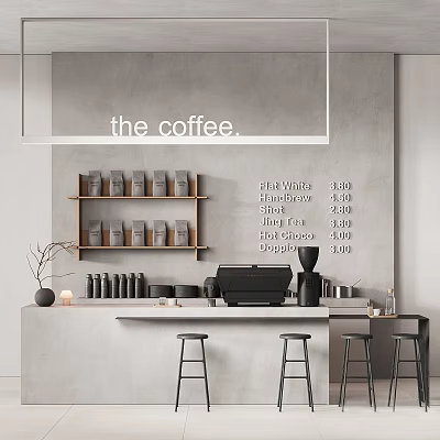 Modern Coffee Shop Interior with Wooden Shelves Coffee Bags Menu Board and Bar Stools 3d model