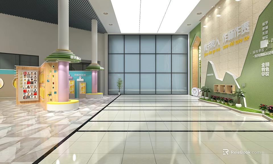 Modern School Hall Interior With Spacious Layout Glass Windows And Decorative Elements 3d model