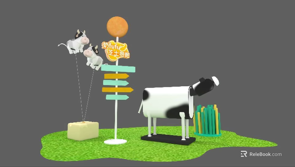 Inflatable Cow Decorations For Happy Farm With Signpost And Grass Display Setup 3d model 