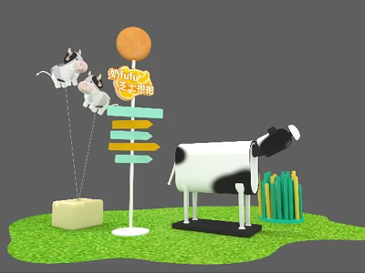 Inflatable Cow Decorations For Happy Farm With Signpost And Grass Display Setup 3d model