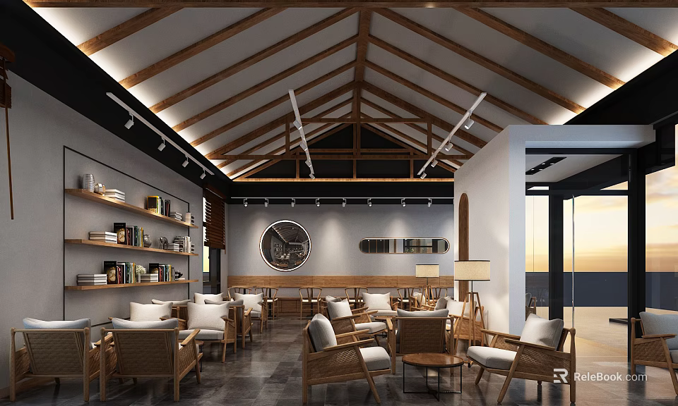 Traditional Tea House Interior Design With Wooden Roof Bookshelves Rattan Furniture And Round Mirror 3d model 