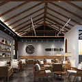 Traditional Tea House Interior Design With Wooden Roof Bookshelves Rattan Furniture And Round Mirror