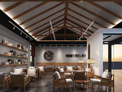 Traditional Tea House Interior Design With Wooden Roof Bookshelves Rattan Furniture And Round Mirror 3d model