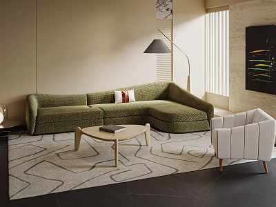 Curved Green Upholstered Sofa In Living Room With Round Coffee Table White Armchair And Patterned Rug 3d model