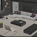 Modern Living Room Sofa and Coffee Table Set with White Upholstery Black Table Accent Pillows