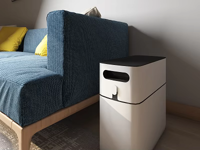 Public Facility Modern White Trash Can With Black Top Next To Blue Sofa 3d model