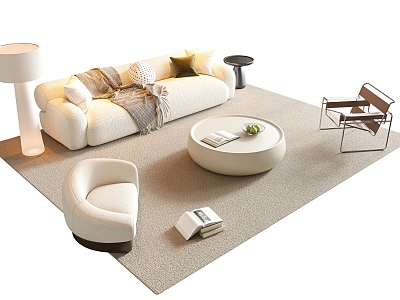 Cream Style Sofa Coffee Table Combination Fabric Multi-person Sofa Straight Row Sofa Round Coffee Table Leisure Chair Single Person Sofa Floor Lamp Carpet Side Table Jewelry Ornaments model