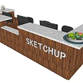 Modern Reception Desk with Wooden Front and White Countertop Featuring Black Computer and Sketchup Logo