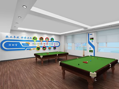 Billiard Room With Green Felt Tables Wooden Frames Colorful Wall Decor And Wooden Flooring 3d model