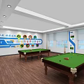 Billiard Room With Green Felt Tables Wooden Frames Colorful Wall Decor And Wooden Flooring