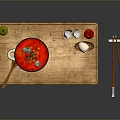Delicious Red Soup Served on Wooden Tray with Garlic Cloves Red Tomato and Chopsticks