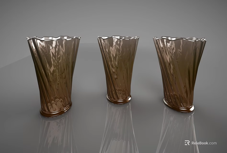 Three Brown Decorative Vases with Textured Surface and Glossy Finish on Smooth Gray Surface 3d model 
