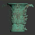 Ancient Turquoise Bronze Carved Sculpture With Intricate Patterns And Symmetrical Design