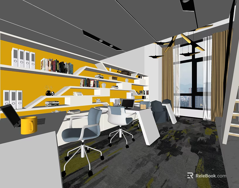 Modern Public Office Space With Yellow Wall Bookshelves White Desks Gray Chairs And Large Windows 3d model 