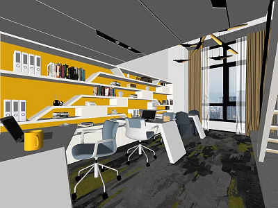 Modern Public Office Space With Yellow Wall Bookshelves White Desks Gray Chairs And Large Windows 3d model