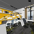Modern Public Office Space With Yellow Wall Bookshelves White Desks Gray Chairs And Large Windows