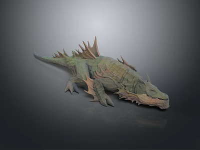 Fantasy Game Film Monster Character With Green Scaled Body Spiked Back And Horned Head 3d model