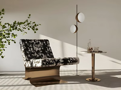 Stylish Black White Patterned Lounge Chair With Round Side Table Gold Floor Lamp Green Plant 3d model