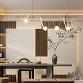 Modern Tea Room Interior With Herringbone Wood Flooring Pendant Lights Teaware Shelves And Potted Plant
