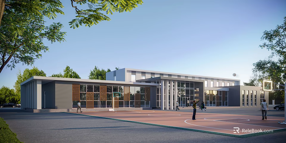 Modern Office Building Exterior With Glass Windows Columned Entrance Green Trees And Front Plaza 3d model 
