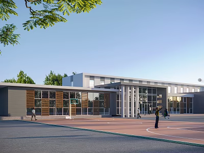 Modern Office Building Exterior With Glass Windows Columned Entrance Green Trees And Front Plaza 3d model