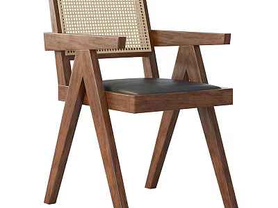 Modern Leisure Chair With Wooden Frame Leather Seat And Rattan Backrest 3d model