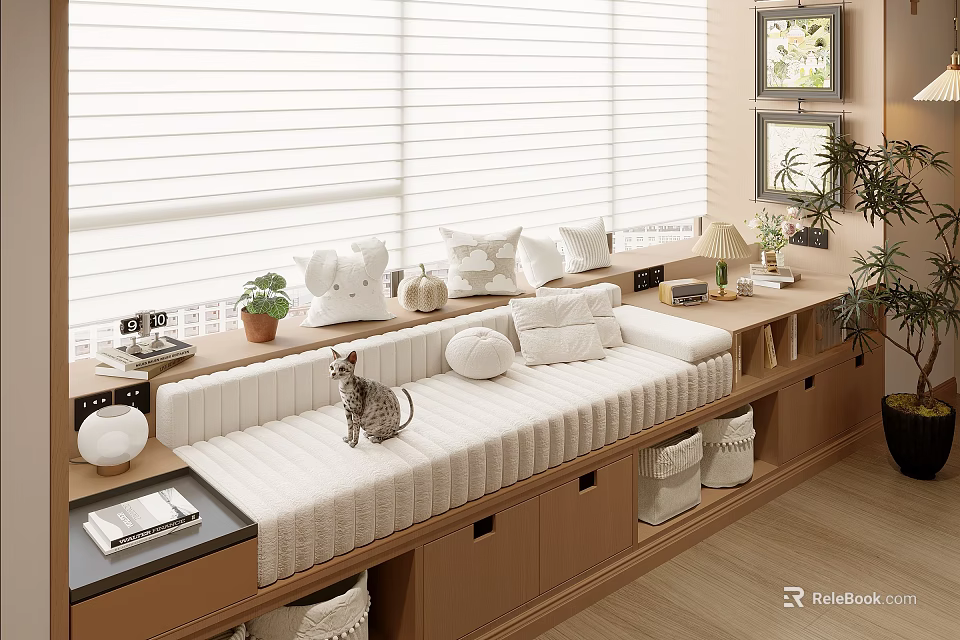 Cozy Bay Window With White Blinds Padded Seat Storage Drawers And Decorative Plants 3d model 