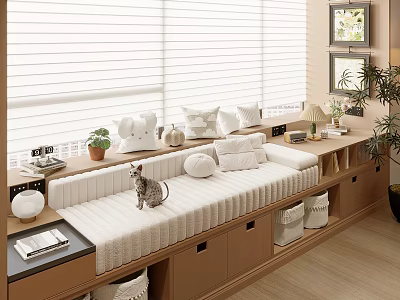 Cozy Bay Window With White Blinds Padded Seat Storage Drawers And Decorative Plants 3d model