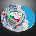 Circular Urban Architecture Model with Colorful Buildings Structures Green Spaces and Roads