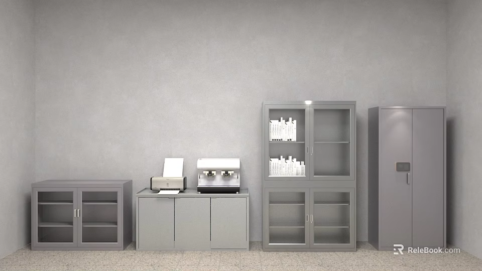 Gray Storage Cabinets Interior With Glass Doors Printer And Bottles 3d model
