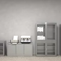 Gray Storage Cabinets Interior With Glass Doors Printer And Bottles 3d model
