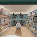 Modern Specialty Store Interior Featuring Pink Shelves Various Products Wooden Walls Large Windows and Plants