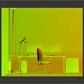 Home Office Interior With Green Yellow Walls Pink Curtains Dual Monitors And Orange Red Floor