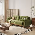 Green Velvet Double Sofa With Pillows Blanket Wooden Legs In Living Room With Decorative Screen
