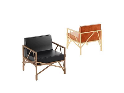 Modern Design Single Sofa With Black And Orange Leather Seats And Golden Metal Frames 3d model