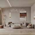 Modern Dining and Living Area With White Cabinets Marble Countertop Green Plants And Chandeliers