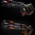 Futuristic Sci-Fi Weapon With Detailed Mechanical Design Red Black Color And Glowing Parts