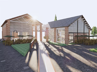 Commercial Complex Featuring Red Brick Buildings Large Windows and Outdoor Seating Area 3d model
