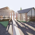 Commercial Complex Featuring Red Brick Buildings Large Windows and Outdoor Seating Area