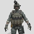 Man In Full Length View Wearing Camouflage Uniform Tactical Vest Helmet And Knee Pads
