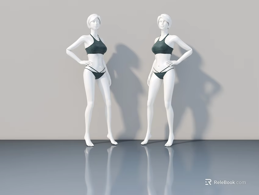 Two White Mannequins Wearing Green Bikini In Gray Background With Reflective Floor 3d model 