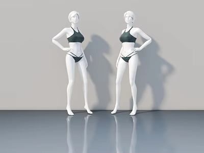 Two White Mannequins Wearing Green Bikini In Gray Background With Reflective Floor 3d model
