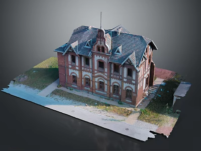 Historic Red Brick Building Featuring Gabled Roof Multiple Windows And Grass Pathway 3d model
