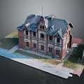 Historic Red Brick Building Featuring Gabled Roof Multiple Windows And Grass Pathway